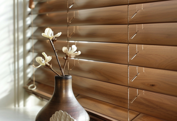 faux wood blinds in bright setting