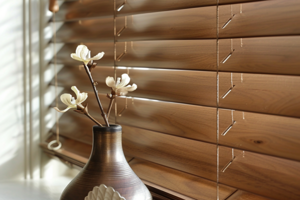 faux wood blinds in bright setting