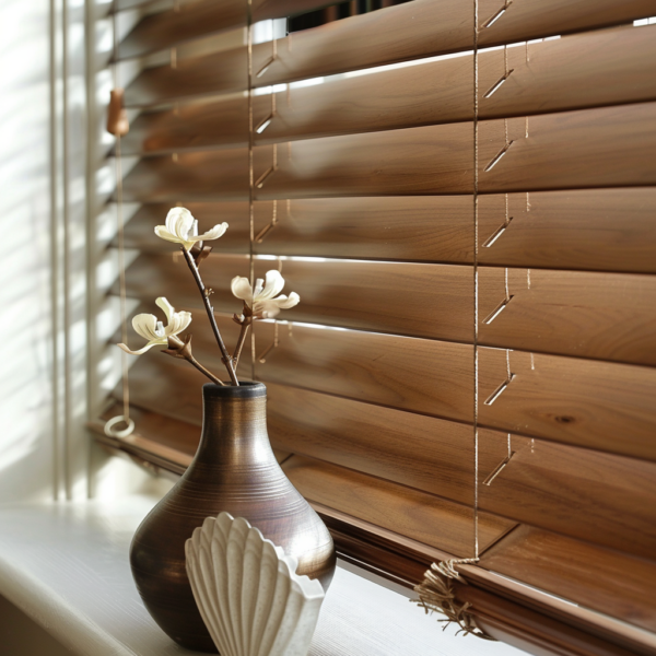 faux wood blinds in bright setting
