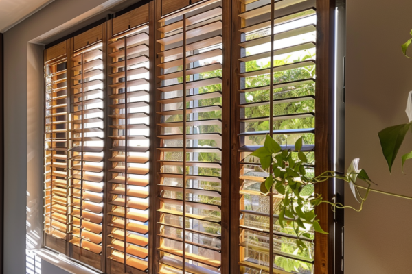 real wood shutters fitted on a lengthy window