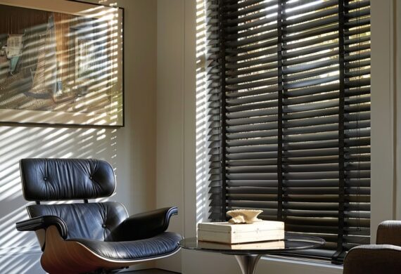 venetian blinds offering shade to a reading nook