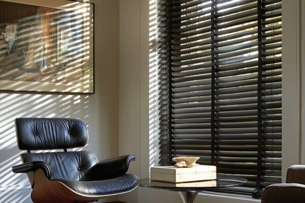 venetian blinds offering shade to a reading nook