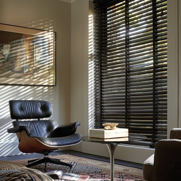 venetian blinds offering shade to a reading nook