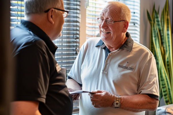 Blind fitter discussing blind installation with customer